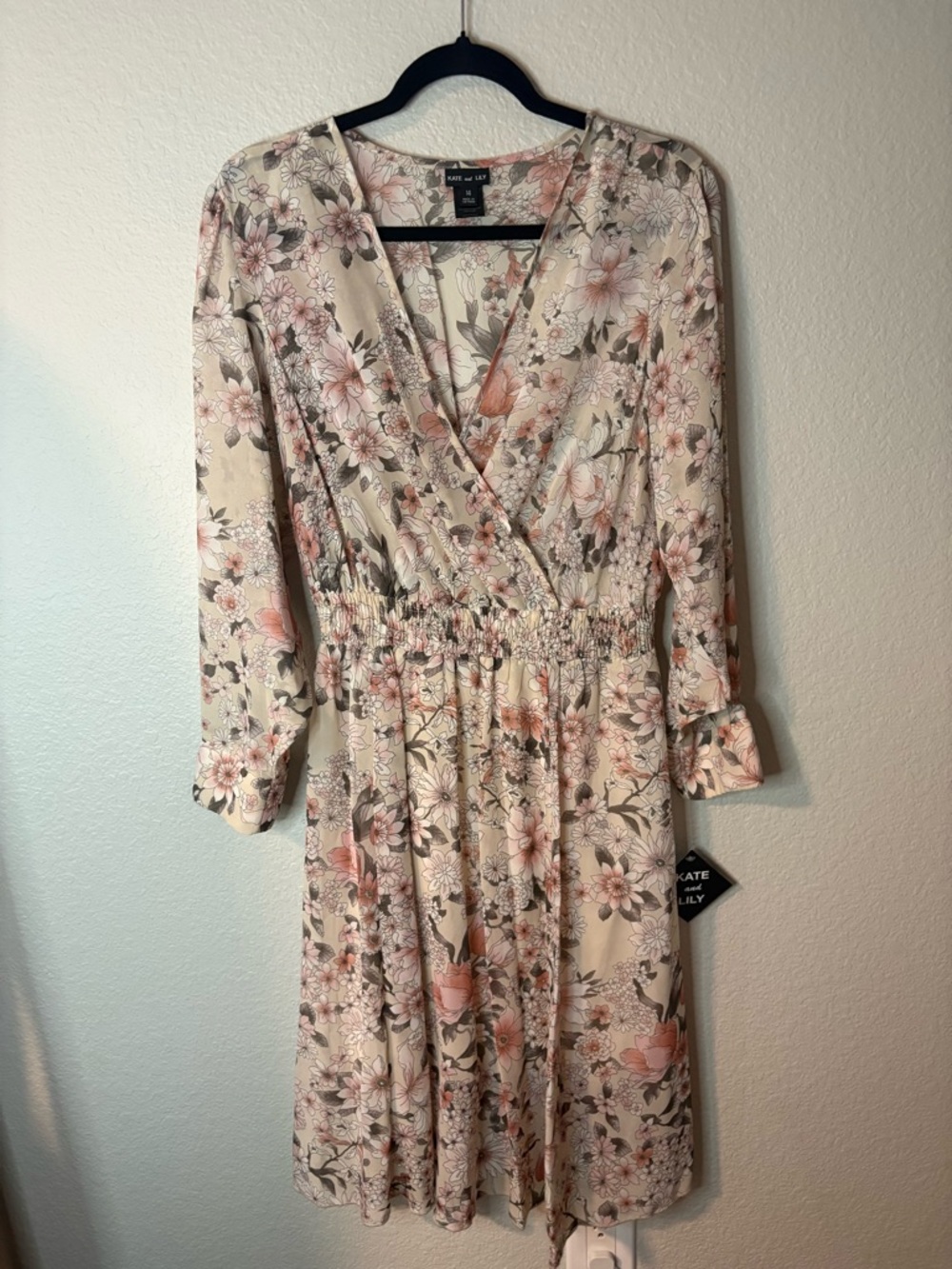 Kate and Lily Cream Floral Wrap-Style Long Sleeve Dress